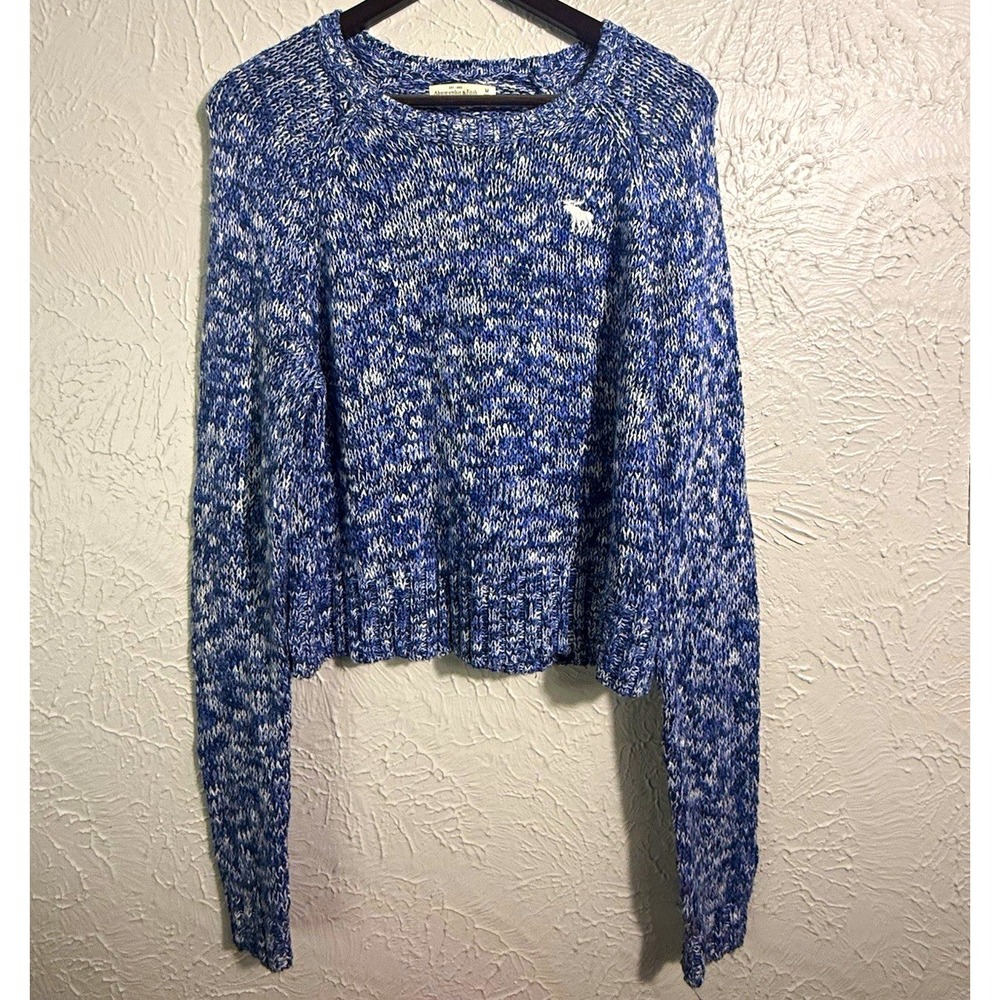 Abercrombie & Fitch Women's M Blue White Marled Knit Crewneck Moose Logo Sweater